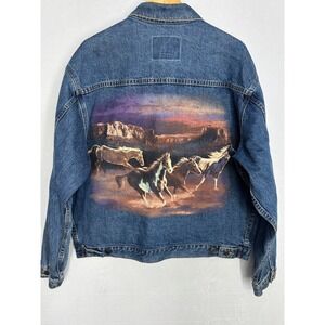 ID Wear Jacket Mens Blue Denim Cotton Street Wear Running Horses Graphic XL